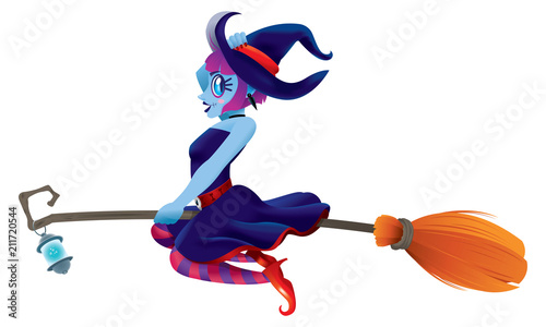 A cute witch flying with her magic broom. Isolated.