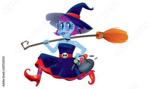 A running cute witch, holding a bowl of candies and a magic broom in her hand. Isolated.
