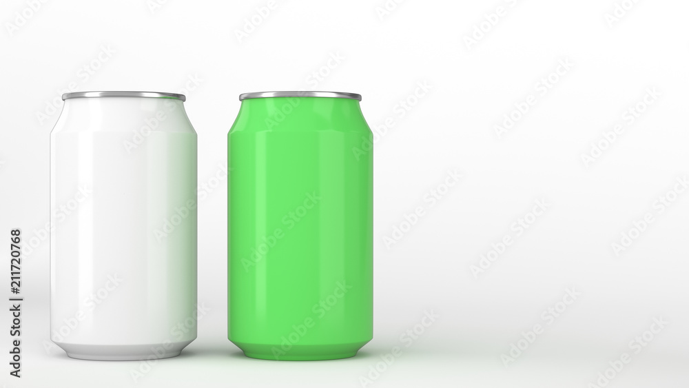 Two small white and green aluminum soda cans mockup on white background Two small white and green aluminum soda cans mockup on white background