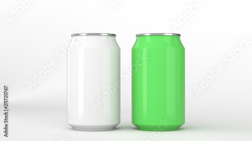 Two small white and green aluminum soda cans mockup on white background