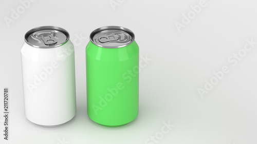 Two small white and green aluminum soda cans mockup on white background