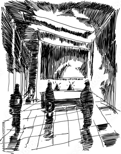 hand drawn sketch of abstract modern interior of entrance hall with reception desk and people standing around