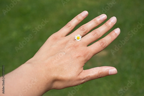 Womans  s hand with small daisy instead of ring on blured green bakground. Wedding to nature.