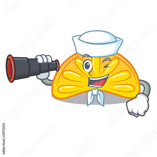 Sailor with binocular orange jelly candy mascot cartoon