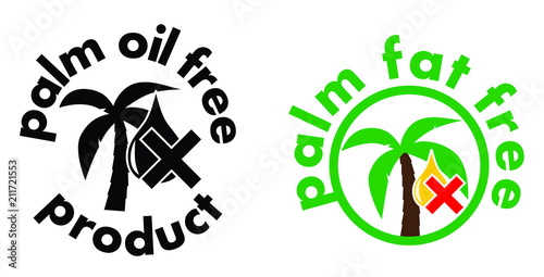 Palm oil/fat free product icon. Tree and drop symbol with cross. Black and white, or colour sign version.