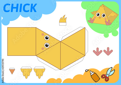 Funny Chicken paper model. Small home craft project, paper game. Cut out, fold and glue. Cutouts for children. Vector template.