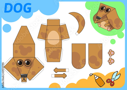 Funny Dog paper model. Small home craft project, DIY paper game. Cut out, fold and glue. Cutouts for children. Vector template.