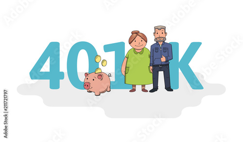 401K pension account, retirement. Acronym with characters, letters and text. Colored flat vector illustration on white background.