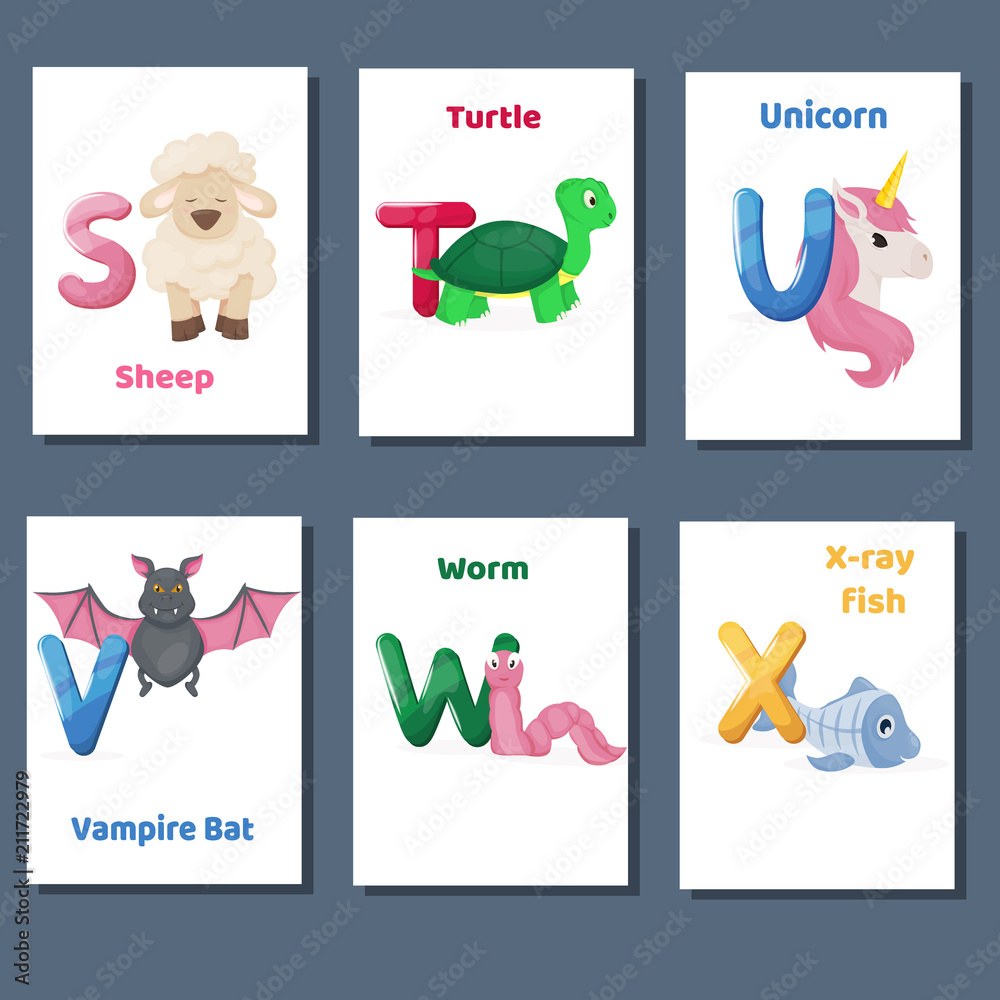 Alphabet printable flashcards vector collection with letter S T U V W X. Zoo  animals for english language education. Stock Vector | Adobe Stock