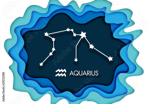 Paper art style, aquarius , horoscope star sign on modern paper cut abstract background. vector and illustration