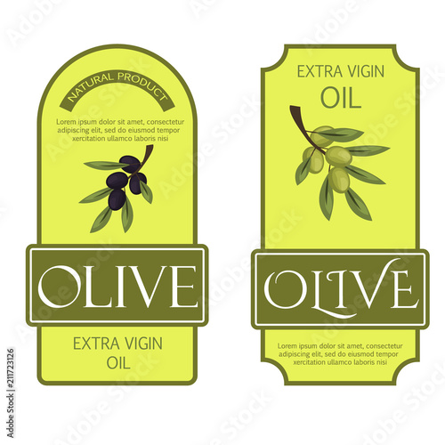 Olive oil labels vector illustration green organic food templates for fresh olive oil vegetarian packaging sticker.
