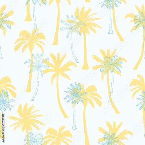 Palm tree pattern. Seamless hand drawn textures on exotic trendy background. Nature textile print. Modern tropical template for web, card, placard, poster, cover, flyer, invitation, brochure, banner. © Vladimir