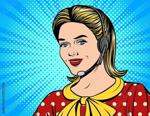 Vector colorful comic style illustration of a beautiful woman in headphones making a call. Face of young pretty girl working at call center