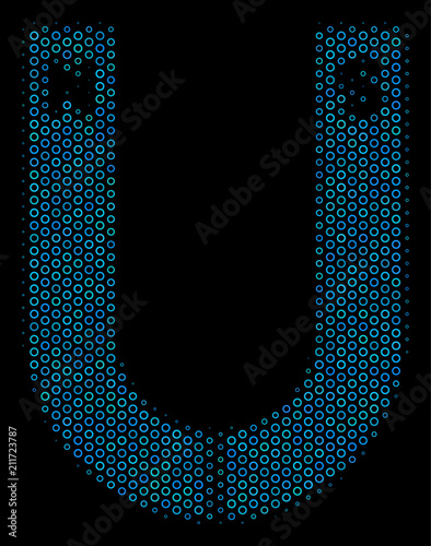 Halftone Horseshoe magnet mosaic icon of spheres in blue shades on a black background. Vector bubble spheres are organized into horseshoe magnet mosaic.