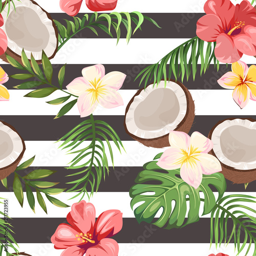seamless pattern with tropical flowers, palm leaves and coconuts 