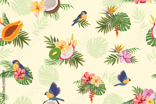 seamless pattern with birds, tropical plants and fruits