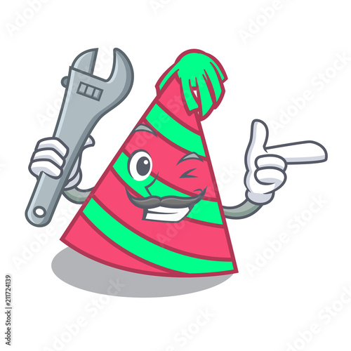 Mechanic party hat mascot cartoon photo