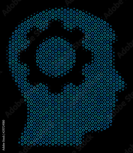 Halftone Intellect gear composition icon of spheres in blue color tinges on a black background. Vector round spheres are composed into intellect gear composition.