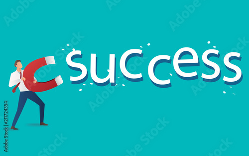 business concept. businessman attracting success text with a large magnet vector illustration 