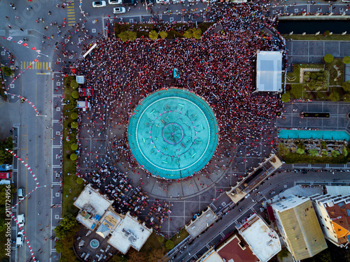 Social event on the main square of the city, drone photo