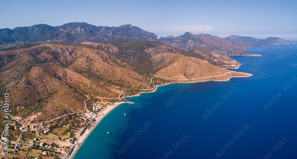 Amazing aerial photo of Datca peninsula, indented coastline and beautiful turquoise water of water of mediterranean and aegean seas, Turkey