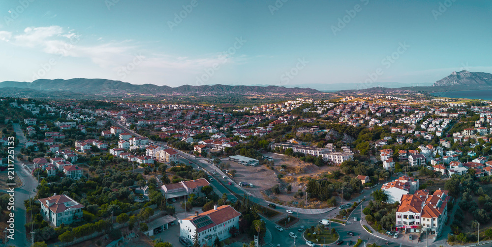 Amazing panoramic view to the Datca (Datcha) city in Turkey, city between mediterranean and aegean seas, aerial photo in the sunny evening