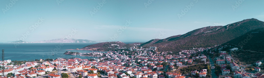 Amazing panoramic view to the Datca (Datcha) city in Turkey, city between mediterranean and aegean seas, aerial photo in the sunny evening