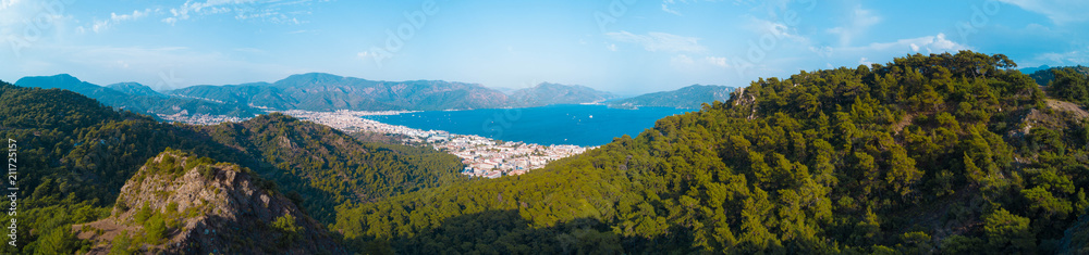 Aerial panoramic photo of Marmaris bay with beautiful sea and islands on the background