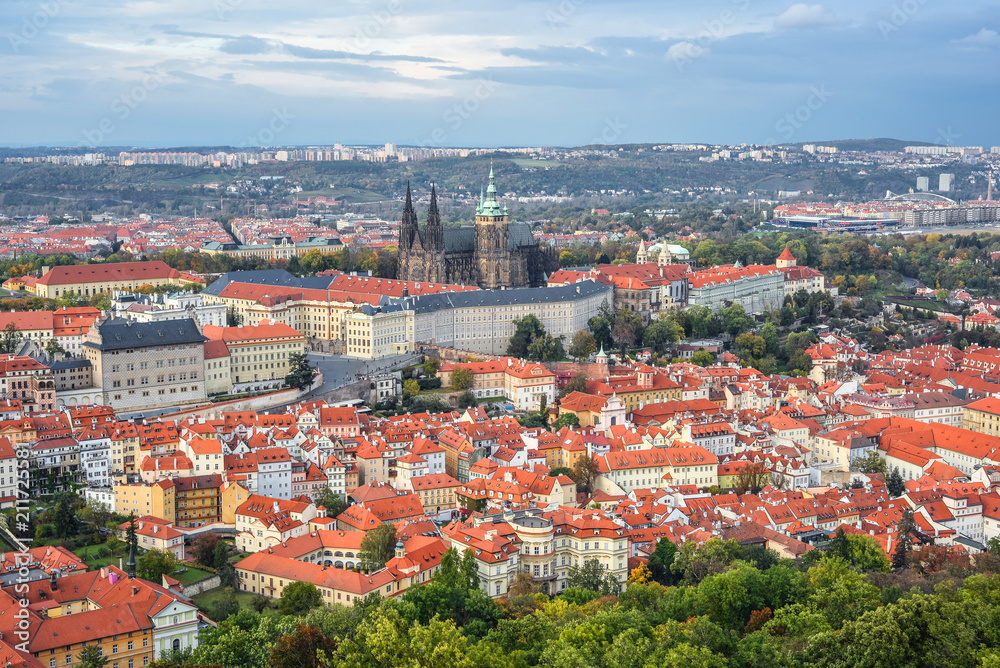 Fototapeta premium Prague, Czech Republic - October 7, 2017: View on Saint Vitus Cathedral and the roofs of Prague Castle. St. Cityscape of Prague, Czech Republic.