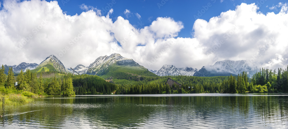 Mountain lake Strbske pleso (Strbske lake) and High Tatras national park, Slovakia-panorama