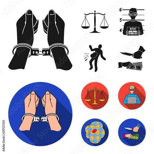 Handcuffs, scales of justice, hacker, crime scene.Crime set collection icons in black, flat style vector symbol stock illustration web.