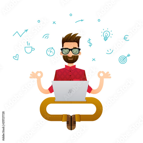 Vector illustration of a super professional programmer or project manager. Funny cartoon character of a person in a yoga pose.