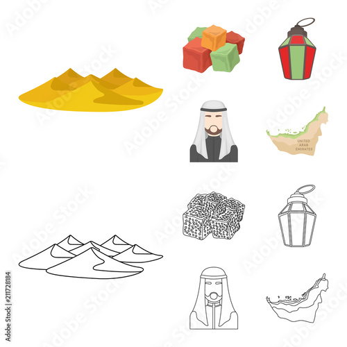 Eastern sweets, Ramadan lamp, Arab sheikh, territory.Arab emirates set collection icons in cartoon,outline style vector symbol stock illustration web.