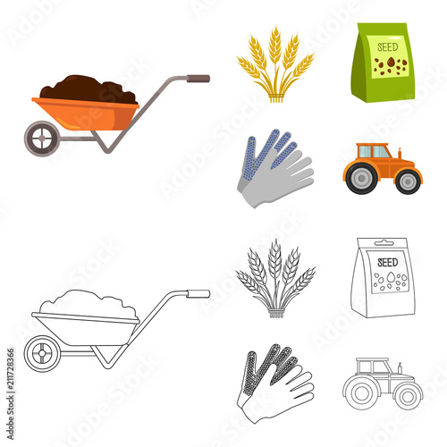Spikelets of wheat, a packet of seeds, a tractor, gloves.Farm set collection icons in cartoon,outline style vector symbol stock illustration web.