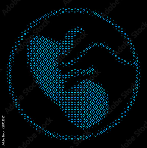 Halftone Prenatal collage icon of circle bubbles in blue color hues on a black background. Vector circle bubbles are grouped into prenatal collage.