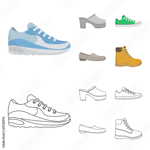Flip-flops, clogs on a high platform and heel, green sneakers with laces, female gray ballet flats, red shoes on the tractor sole. Shoes set collection icons in cartoon,outline style vector symbol