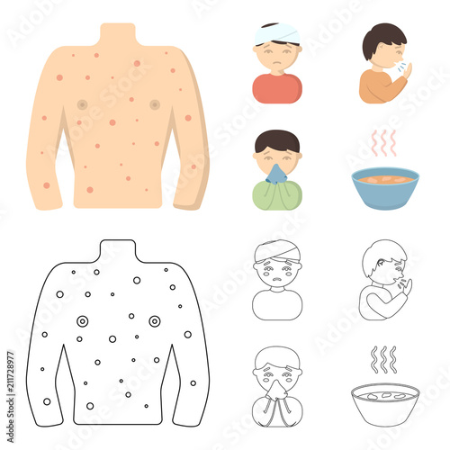 A man with a bandaged head, a man coughing, a man snorts a snot, a bowl, a bowl of hot broth into a handkerchief. Sick set collection icons in cartoon,outline style vector symbol stock illustration