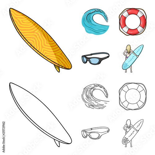 Oncoming wave, life ring, goggles, girl surfing. Surfing set collection icons in cartoon,outline style vector symbol stock illustration web.