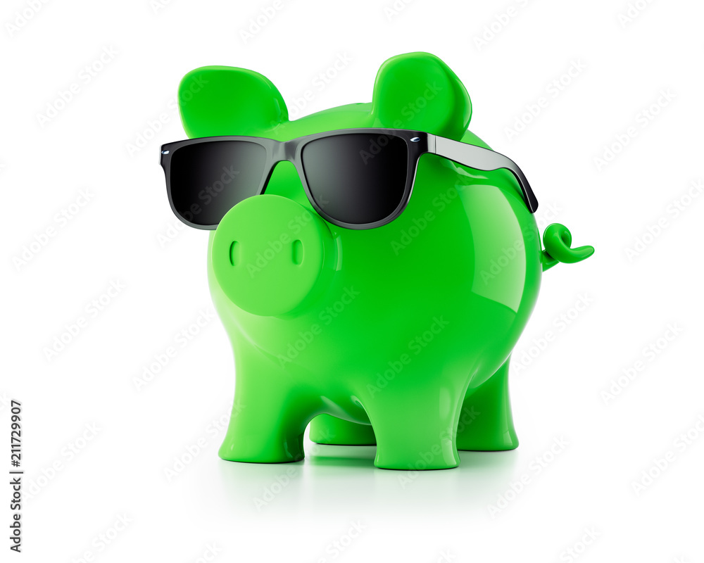 Grünes Sparschwein mit Sonnenbrille isoliert vor Weiß Grünes Sparschwein mit Sonnenbrille isoliert vor Weiß