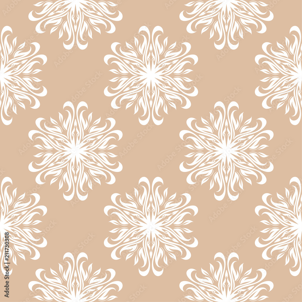 White floral seamless design on beige background White floral seamless design on beige background