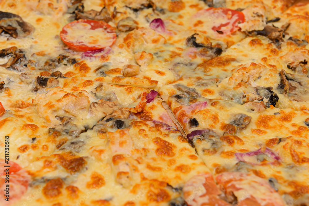 surface of pizza with tomatoes, cheese, sausage surface of pizza with tomatoes, cheese, sausage