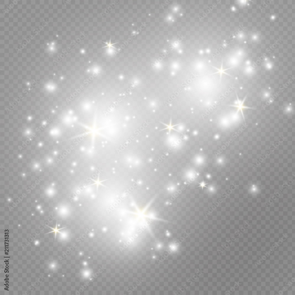 White sparks glitter special light effect. Vector sparkles on transparent background. Christmas abstract pattern. Sparkling magic dust particles