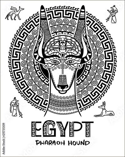 Vector image of an Egyptian dog. Ornament of ancient Egypt. God Anubis, the Ankh and the dog Pharaoh.
