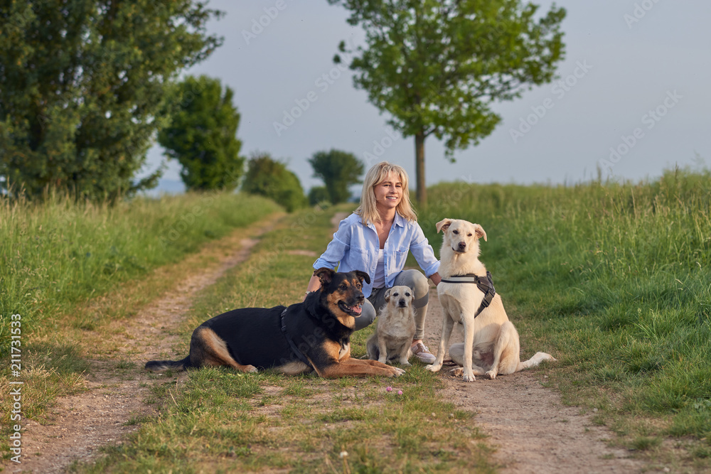 Frau mit ihren Hunden auf einem Feldweg Frau mit ihren Hunden auf einem Feldweg