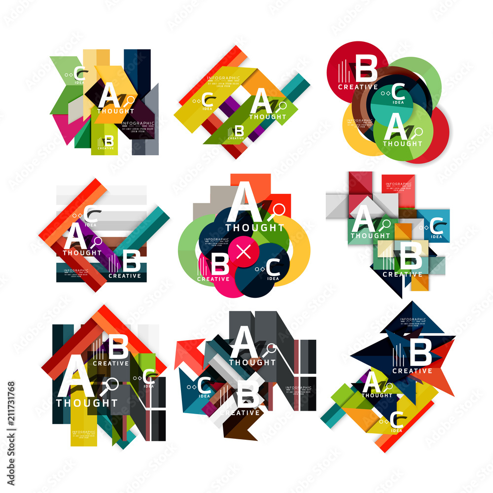 Collection of paper geometric infographics, a b c process options, presentation layouts Collection of paper geometric infographics, a b c process options, presentation layouts