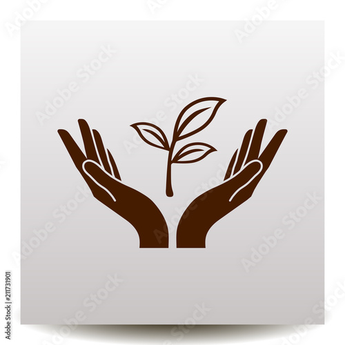 plant vector icon with two human hands on a realistic paper background with shadow. Illustration on a flat design style. EPS 10. Suitable for ecology, agriculture theme.