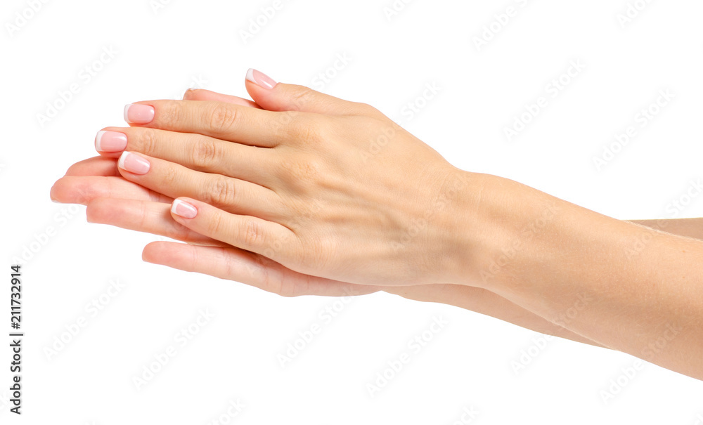 Female hand french manicure on white background isolation