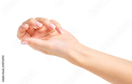 Female hand french manicure on white background isolation