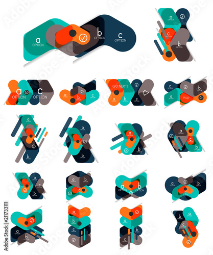 Collection of flat design geometric infographic diagrams, arrow shape vector sticker or labels, price tags, offer promotion badges, icon designs, paper style layouts for option data graphic