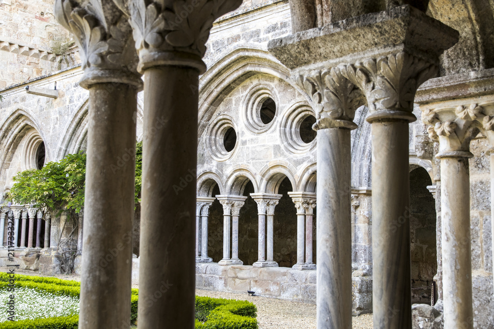 Interior view of the cloister of the Abbaye de Fontfroide, a former Cistercian monastery and abbey in Southern France